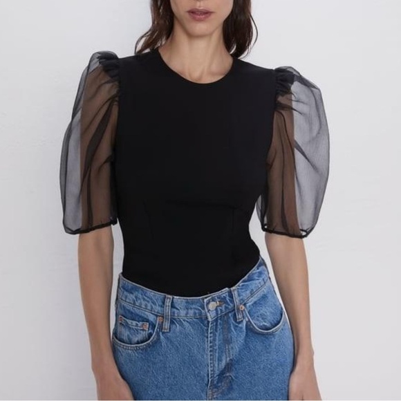 Zara Black Organza Puff Sleeve Blouse Goth Glam XXL Dark Academia Avant-Garde - Picture 1 of 15